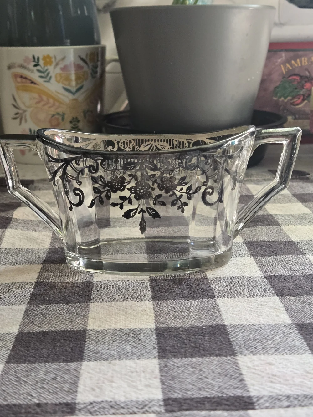 Vintage Clear Glass Sugar Bowl With Silver Overlay Floral Pattern